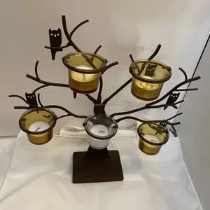 Vintage Fall Candle Holder Tree With Owls 5 Glass Tea Light Or Votive Holder Metal T-Light Candle decorative Holder For Home an