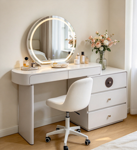 Modern White Vanity Table <b>with</b> <b>Lighted</b> Round <b>Mirror</b> and 3 Drawer Storage Cabinet - Product Image 6