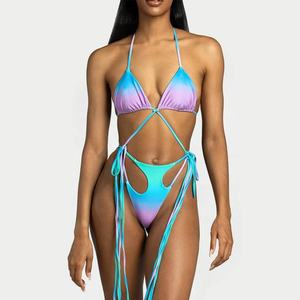 Micro Bikini Brasileño al por Mayor para Mujer, Traje de Baño de Dos Piezas con Tiras y Bloques de Color - Product Image 5