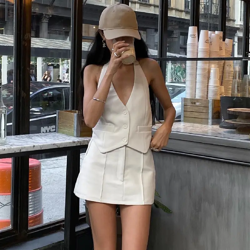 New Office Lady Crop Top Summer Womens Outfits Sexy Dress Halter White Solid Crop Top and Vintage Y2k Mini Skirt 2 Pcs Set 2678