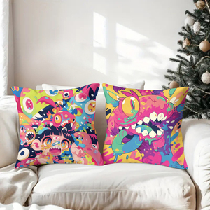 Bantal hias monster kartun yang cerah menghiasi sofa ruang tamu yang nyaman dengan kaus kaki liburan yang meriah di latar belakangnya. - Product Image 3