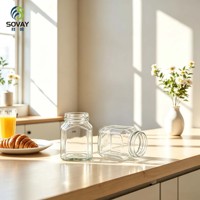 Pot en verre carré décoratif de 220 ml avec couvercle, col fileté, pour aliments, beurre de noix, confitures de fruits