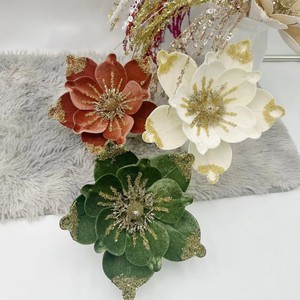 Factory 24cm Cloth Glitter <b>Poinsettia</b> Christmas Velvet <b>Artificial</b> Magnolia Flowers Durable Fashionable for Holiday Tree - Product Image 3