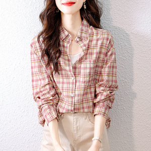 Chemise écossaise à carreaux pour <span class=keywords><strong>femme</strong></span>, manches longues, style rétro artistique, haut en coton pour le printemps et l'automne - Product Image 3