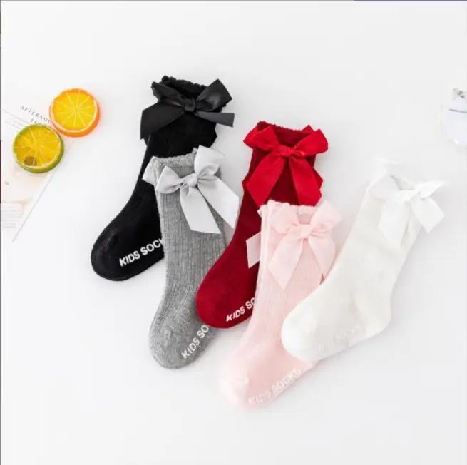 New Style Striped Stockings Pure Color 100% Cotton Socks Kids Girls High Socks with Bows Casual Baby Socks Knitted Crew 0-3years