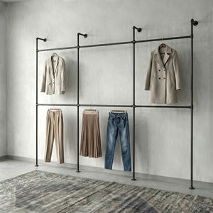 Porte-vêtements mural industriel classique en métal, support de tuyau, barre de suspension pour vêtements, gain de place, armoire, salon - Product Image 2