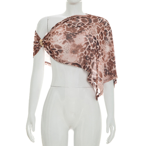 Viviblook J26ST186 Women Summer <b>Set</b> <b>Mesh</b> Leopard Print Cape Crop Top Shorts <b>Two</b> <b>Piece</b> <b>Set</b> - Product Image 6