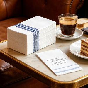 Serviettes de table jetables en pâte de bois vierge 2 plis, rayures bleues personnalisées et citation imprimée, avec sac OPP pour restaurants et cafés - Product Image 2