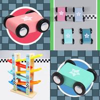 Train en bois à 7 couches, jouet glisseur de voiture, moteur Skill du développement des enfants en bas âge, rampe de course, 4 Mini faire maquettes