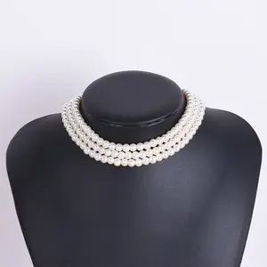 SC White Round Beads Multi Strands Choker Halskette Multilayer Pearl Clavicle Chain Frauen Perlenkette