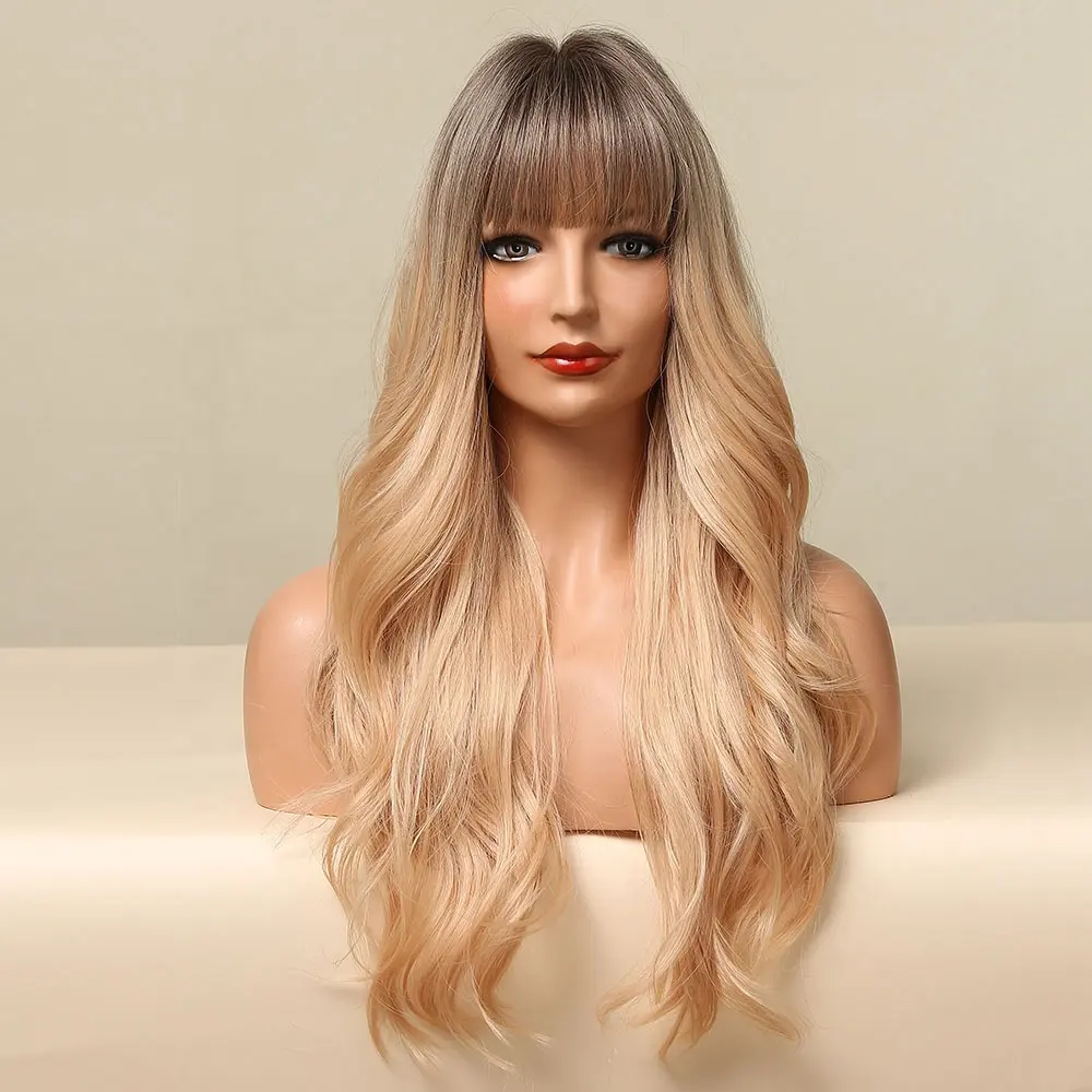 Heat Resistant Fake Hair Long Wavy Brown Blonde Synthetic Wigs with Bangs Cosplay Party Natural Wigs for Women