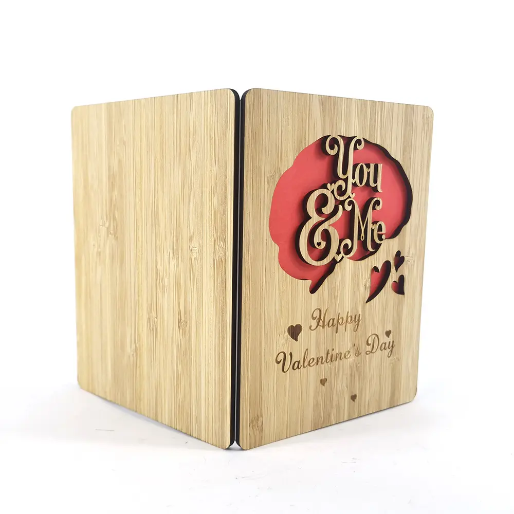 Kerajinan kayu Logo kustom kartu kayu ukiran Laser kartu bambu lipat untuk ulang tahun