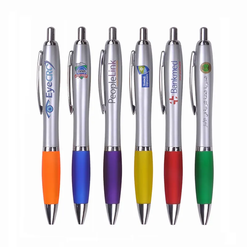 Zilveren Plastic Body Promotionele Giveaways Pennen Met Grip Op Maat Mijn Logo Blauwe Inkt