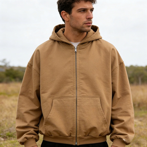 Sweat à capuche zippé intégral pour homme, 100% coton molletonné épais, coupe droite, longueur standard, épaules tombantes, couleur unie, haute qualité, idéal pour l'hiver - Product Image 1