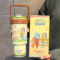 Bouteille isotherme et thermos en acier inoxydable de 850 ml pour enfant, motif Bob l'éponge, avec couvercle et paille, idéale pour cadeau et vente en gros