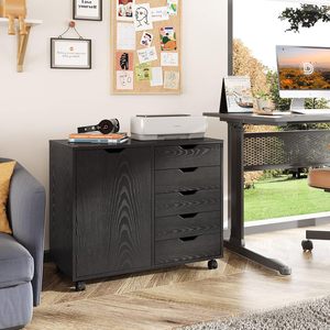 Armadio comò in legno a 5 cassetti con porta, armadietto <span class=keywords><strong>mobile</strong></span>, supporto per stampante adatto per l'home office - Product Image 6