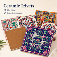Sous-plat en céramique personnalisé 20x20cm, épaisseur 8mm, résistant à la chaleur, antidérapant, écologique, motif carreaux floraux bohèmes, protection UV pour la maison