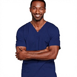 Women's Navy Blue V-Neck <b>Scrub</b> <b>Top</b> With Two Front Pockets Woven Cotton Polyester Hospital Uniform - Product Image 4