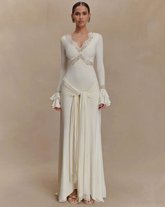Maxi <span class=keywords><strong>abito</strong></span> Sexy Patchwork di pizzo per le donne autunno eleganti abiti Slim svasati manica drappeggiata Club increspato da festa <span class=keywords><strong>abito</strong></span> lungo - Product Image 5