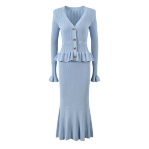 Autunno autunno Vintage stile francese signora tinta unita <span class=keywords><strong>con</strong></span> scollo a V manica lunga da donna a balza in vita svasata aderente abito lungo orlo - Product Image 2