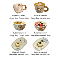 Ensemble de petit-déjeuner en céramique fait main personnalisé avec un ours endormi mignon, tasse à café, bol, assiette, vaisselle pour la maison, la cuisine, l'usage quotidien