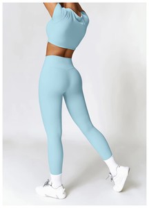 2024 Logo personnalisé femmes survêtement Gym Fitness survêtement course entraînement à manches courtes chemise haut court Legging 2 pièces Sport Yoga <span class=keywords><strong>ensemble</strong></span> - Product Image 5