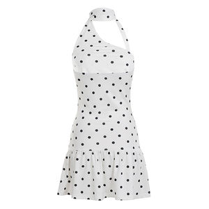 Vestido de mujer con un solo hombro y cuello drapeado, estampado de lunares, elegante detalle de pañuelo asimétrico, minivestido fluido de cintura natural para uso diario. - Product Image 6