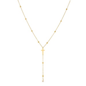 Gold Plated Stainless Steel Cross Pendant Necklace Women Long Beaded Chain Clavicle Chain Everyday Wear - Product Image 5