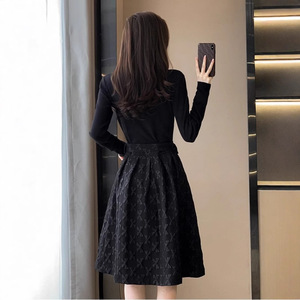 Women's Two Piece Set Black Knitted Top With Belted Skirt Autumn Winter 2025 Fashion Solid Color Full Sleeve Dress - Product Image 4
