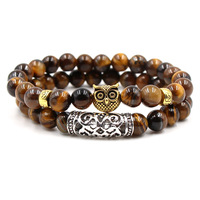 Ensemble de 2 bracelets en fer perlé de 8 mm, pierre turquoise, tête de Bouddha, tête de crâne, casque de guerrier spartiate, couronne, unisexe