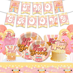 Ensemble de décoration pour fête d'anniversaire Groovy, gobelets en papier, assiettes, vaisselle jetable, fournitures pour la célébration du 2e anniversaire - Product Image 2