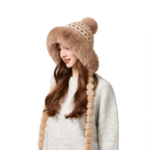 Chapeau tricoté jacquard épais et chaud d'hiver avec velours pour <span class=keywords><strong>femme</strong></span>, protection auditive en peluche mignonne, coupe-vent, avec <span class=keywords><strong>pompon</strong></span> - Product Image 4