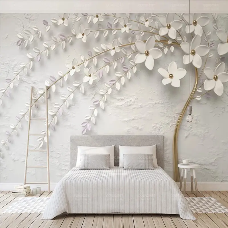 Modern Simple 3D Three-Dimensional Relief Flowers Blue Fresh Tv Background Wall Bedroom Bedside Flower Wallpaper Mural