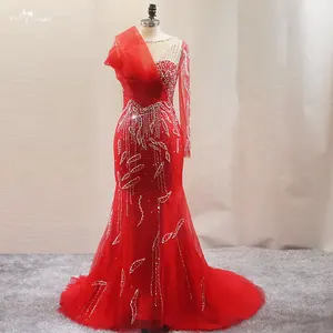 LZF136 Gaun Prom Panjang Berkilau Merah, Gaun Malam Kristal Glitter untuk Wanita Leher O Satu Bahu Gaun Putri Duyung