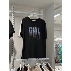 T-shirt à imprimé pailleté Fiori Girl pour femme, jersey à manches régulières, design à paillettes - Product Image 1