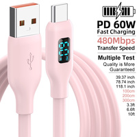 Câble USB-A vers Type-C à charge rapide 60W avec écran LED numérique en silicone souple, fourni par l'usine, pour iOS, avec garantie de 12 mois