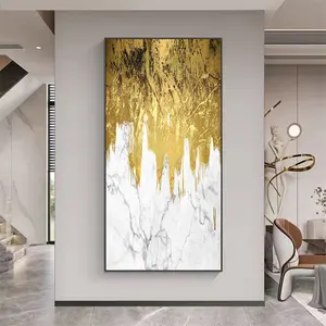 Büyük boy resim soyut manzara altın folyo ile çerçeveli çerçevesiz el yapımı 3D duvar sanatı yağlıboya