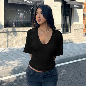 Camiseta de Mujer de Color Sólido con Cuello en V, Cintura Ajustable, Manga Corta, Estilo Casual Urbano, Transpirable y de Secado Rápido para Verano - Product Image 5