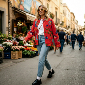 Chaqueta Bordada Suzani Roja de Lujo para Mujer, Estilo Único y de la Mejor Calidad, Prenda Distintiva Boho para Damas, Chaqueta con Diseño de Serpiente - Product Image 1