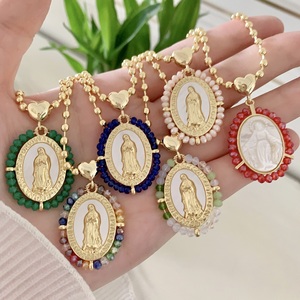 BD-C6811 Collar con Colgante de la Virgen María y <span class=keywords><strong>San</strong></span> <span class=keywords><strong>Benito</strong></span>, Gargantilla de Cadena de Bolas de Alta Gama, Amuleto de Cristal Colorido, Collares para Mujer - Product Image 1