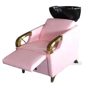 New Hair Salon Equipment Pink Modern Gold Stainless Steel Frame Washing Chair Pink Shampoo Chair For Hair Salon