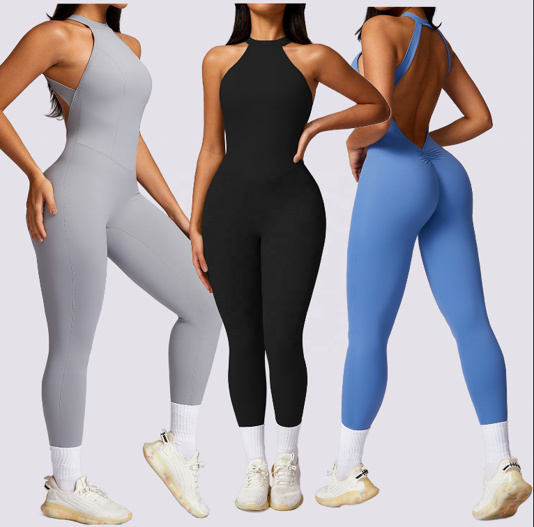 Customize Logo 2025 New Women Sports Activewear Compression Soft Lightweight Open Back Scrunch Back Jumpsuit