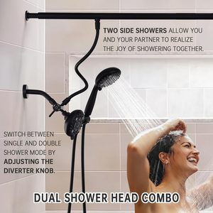 Mattschwarzes Doppel dusch kopfs ystem Hochdruck verstellbares multimodales Tandem für Paare 71 Zoll extra langer Schlauch 3-fach - Product Image 2