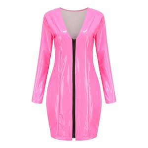 Vêtements pour femmes Dames Couleur Faux <span class=keywords><strong>Cuir</strong></span> Robes <span class=keywords><strong>Fermeture</strong></span> Éclair PU Haute Élastique Profond Col En V Robe Quatre Côtés En <span class=keywords><strong>Cuir</strong></span> Stretch Hanche <span class=keywords><strong>Jupe</strong></span> - Product Image 6