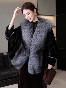 Manteau en fourrure de vison naturel haut de gamme pour <span class=keywords><strong>femme</strong></span> avec grand col en fourrure de renard <span class=keywords><strong>argenté</strong></span>, veste d'hiver luxueuse et fourrée, grande taille, vêtement d'extérieur - Product Image 2