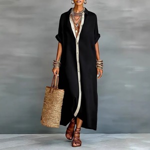 Nuevo Vestido Camisero de Verano 2026 al por Mayor con Bloques de Color en Contraste, Estilo <span class=keywords><strong>Francés</strong></span> Chic, Holgado, Oversize, de Algodón y <span class=keywords><strong>Lino</strong></span>, Maxi Vestido Tallas Grandes Negro - Product Image 1