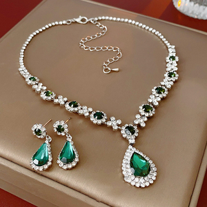 Kalung dua potong Vintage gaya Eropa, Set perhiasan desain baru mode berlian bertatahkan anting-anting menjuntai perhiasan - Product Image 1