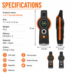 Sifflet de survie extérieur LED 7-en-1 avec boussole et thermomètre pour le camping et les secours - Product Image 4