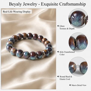 Bracciale con Perle in Ceramica Smaltata, Artigianale, Elastico, Stile Bohemien, Colore Mogano Teal, Regalo per Donna - Product Image 3