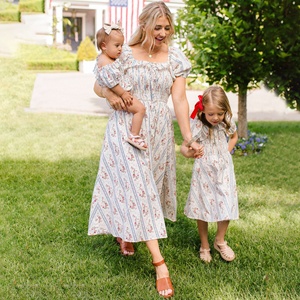 Casual Back Front Elastic Ruffles Short Sleeve Floral Mommy <strong>and</strong> Me Matching <strong>Outfits</strong> <strong>Mom</strong> <strong>and</strong> <strong>Daughter</strong> Dress - Product Image 2